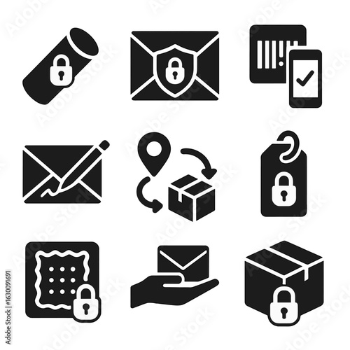 Secure Mail Icons. Solid, filled icons set of secure mailing methods: locked tube, tamper-evident seal,