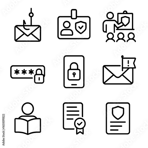Security Awareness Icons. Outline icon set of Security awareness and training: phishing simulation, security