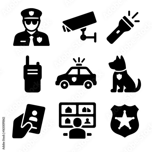 Security Icons Grid. Solid, filled icons set of security guards monitoring properties: security guard,