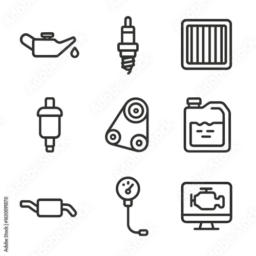 Engine Maintenance Icons. Outline icon set of engine maintenance: oil change, spark plug replacement, air filter, fuel filter,