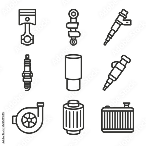 Engine Parts Icons. Outline icon set of engine components: piston, crankshaft, camshaft, spark plug, cylinder, fuel injector,