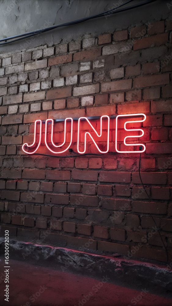 Obraz premium Neon Sign Displaying the Month June Brightly Illuminated Against a Brick Wall Background for F