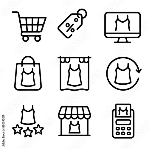 Nightgown Shopping Icons. Outline icon set of nightgown shopping: shopping cart, discount tag, online shopping, shopping bag,