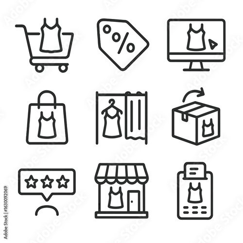 Nightgown Shopping Icons. Outline icon set of nightgown shopping: shopping cart, discount tag, online shopping, shopping bag,