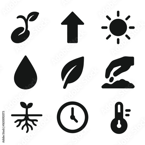Seed Germination Icons. Solid, filled icons set of seed germination symbols: sprouting seed, upward arrow, sun