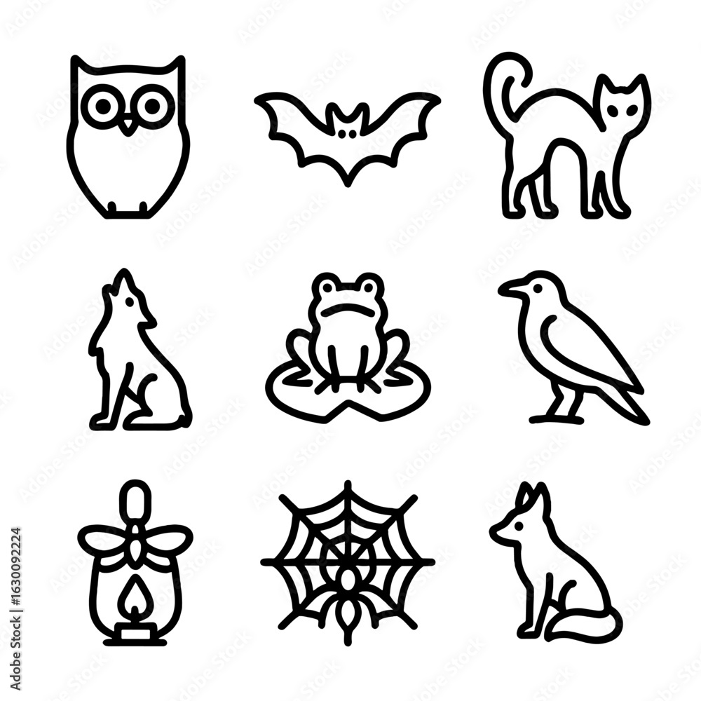 Fototapeta premium Nocturnal Creatures Icons. Outline icon set of nocturnal creatures: owl silhouette, bat in flight, black cat arch, wolf howling,