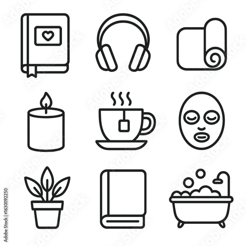 Self-Care Icons Grid. Outline icon set of self-care and clarity: journal, headphones, yoga mat, candle, tea