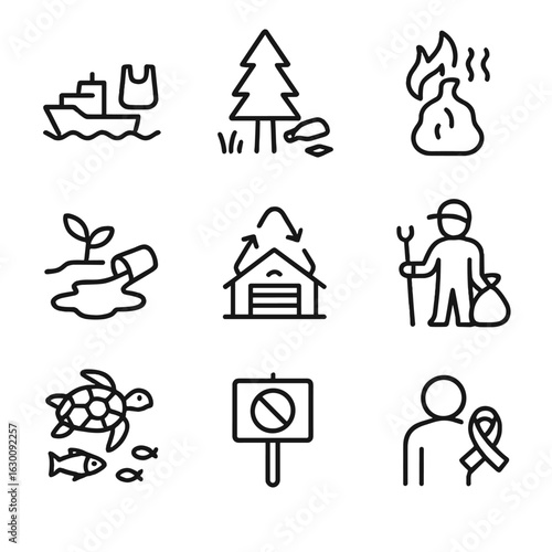 Environmental Impact Icons. Outline icon set of environmental impact: marine pollution, forest litter, air pollution from burning