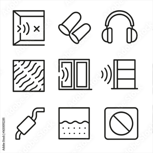Noise Control Icons. Outline icon set of noise control methods: soundproofing, earplugs, noise-cancelling headphones, acoustic