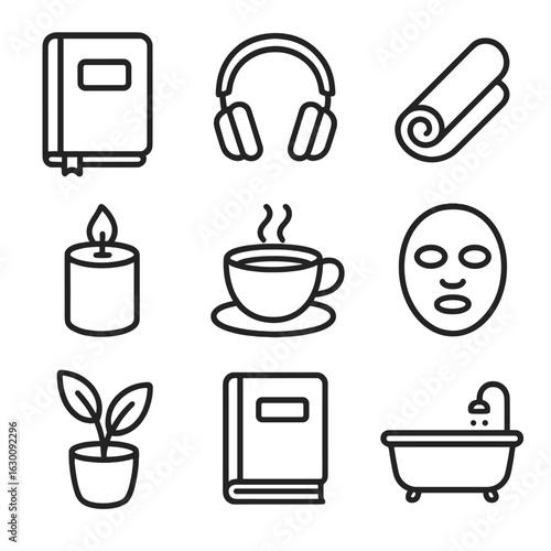 Self-Care Icons Grid. Outline icon set of self-care and clarity: journal, headphones, yoga mat, candle, tea