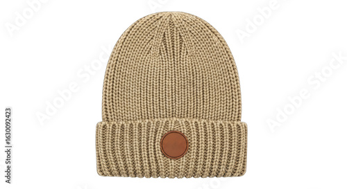 stylish beige knit beanie with leather patch perfect for fall fashion