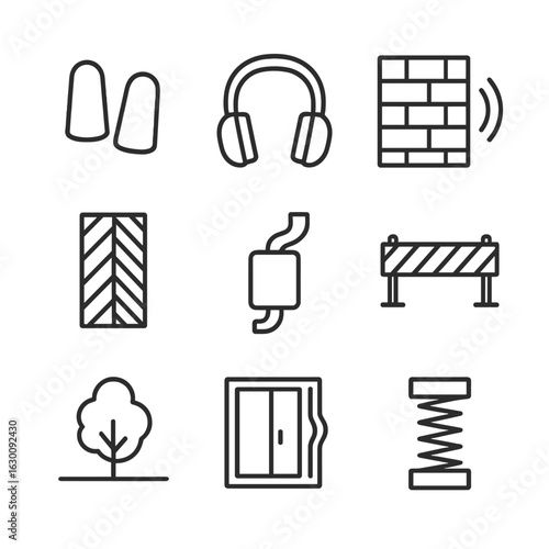 Noise Reduction Icons. Outline icon set of noise reduction tools: earplugs, noise-canceling headphones, soundproof wall, acoustic