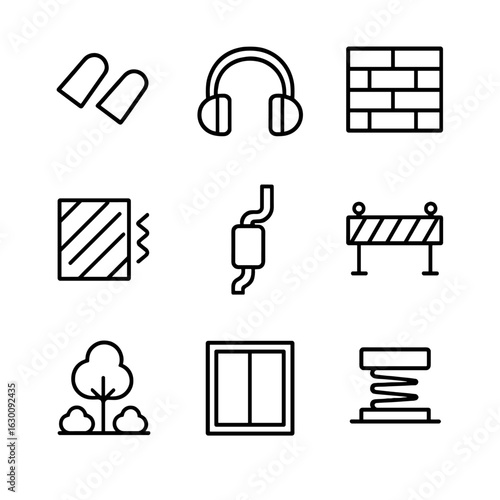 Noise Reduction Icons. Outline icon set of noise reduction tools: earplugs, noise-canceling headphones, soundproof wall, acoustic