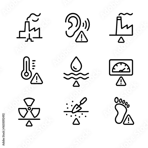 Environmental Threshold Icon Set. Outline icon set of threshold in environmental science: pollution limit, noise threshold,