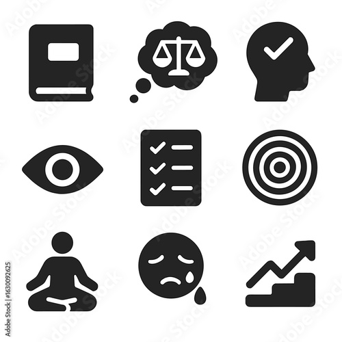 Self-Reflection Icon Set. Solid, filled icons set of self-reflection and personal ethics: journal book icon,