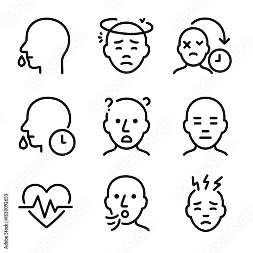 Nosebleed Emergency Icons. Outline icon set of nosebleed emergency signs: heavy bleeding, dizziness, fainting, prolonged bleeding,