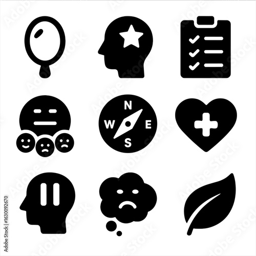 Self-Reflection Icons Grid. Solid, filled icons set of checking in with yourself: reflection mirror,