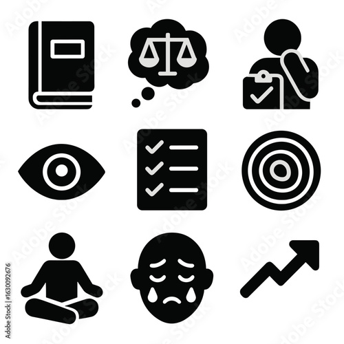 Self-Reflection Icon Set. Solid, filled icons set of self-reflection and personal ethics: journal book icon,