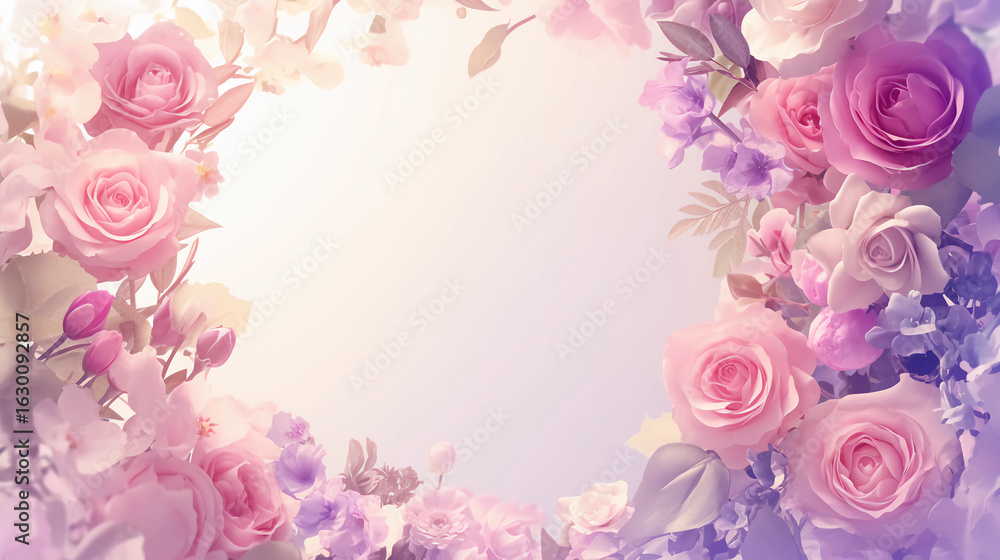 Obraz premium Pastel-colored floral wreath with soft bokeh effect, light and fresh design