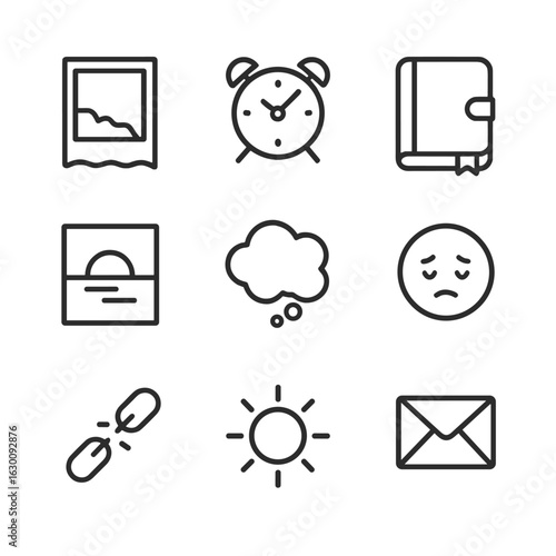 Nostalgic Memories Icons. Outline icon set of last light in memories and nostalgia: fading photograph, old clock, diary, sunset