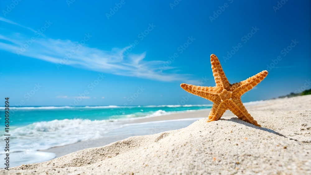 A summer themed background showcasing a starfish on a blue backdrop with ample copy space image A summer themed background showcasing a starfish on a blue backdrop with ample copy space image