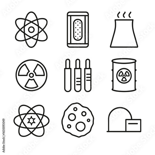 Nuclear Power Icon Set. Outline icon set of nuclear power elements: atom, reactor core, cooling tower, radiation symbol, control