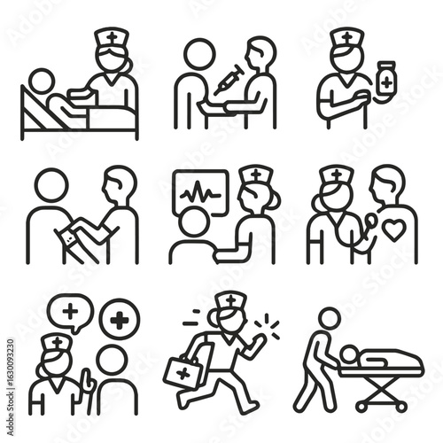 Nurse Activity Icons. Outline icon set of nurse activities: patient care, injection, medication administration, wound dressing,