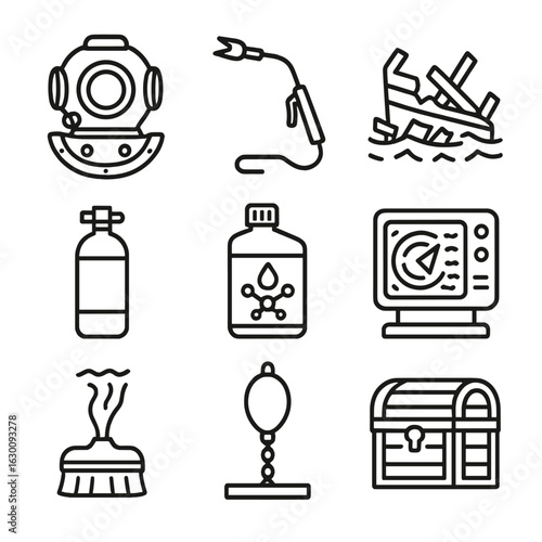 Shipwreck Restoration Icons. Outline icon set of restoring historical underwater shipwrecks: diving helmet,