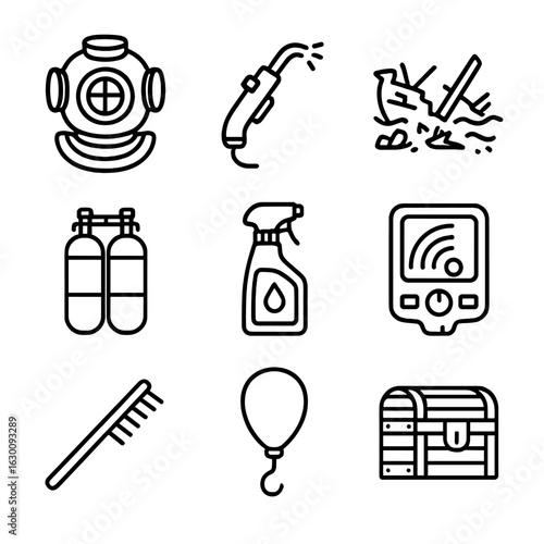 Shipwreck Restoration Icons. Outline icon set of restoring historical underwater shipwrecks: diving helmet,