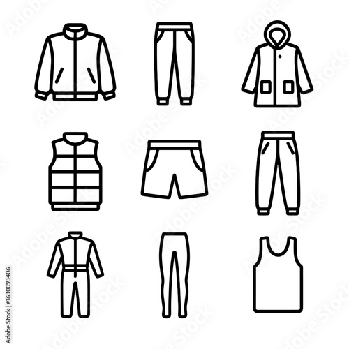 Nylon Clothing Icons. Outline icon set of nylon clothing: nylon jacket, nylon track pants, nylon raincoat, nylon vest, nylon gym