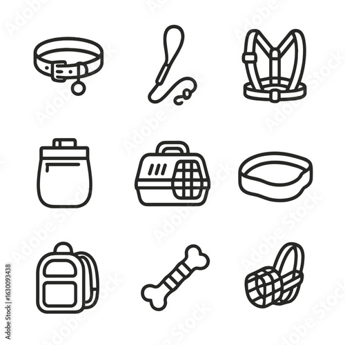 Nylon Pet Accessories Icons. Outline icon set of nylon pet accessories: nylon collar, nylon leash, nylon harness, nylon treat
