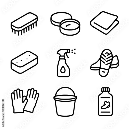 Shoe Care Icons. Outline icon set of shoe care routine: shoe brush, polish, cleaning cloth, sponge, water