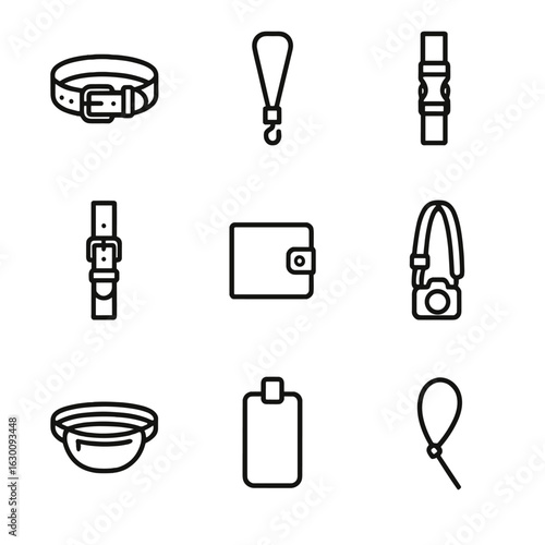 Nylon Accessories Icons. Outline icon set of nylon accessories: nylon belt, nylon lanyard, nylon strap, nylon watchband, nylon