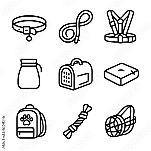 Nylon Pet Accessories Icons. Outline icon set of nylon pet accessories: nylon collar, nylon leash, nylon harness, nylon treat