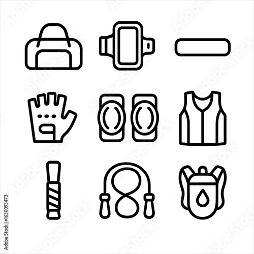 Nylon Sports Gear Icons. Outline icon set of nylon for sports gear: nylon gym bag, nylon armband, nylon sweatband, nylon cycling