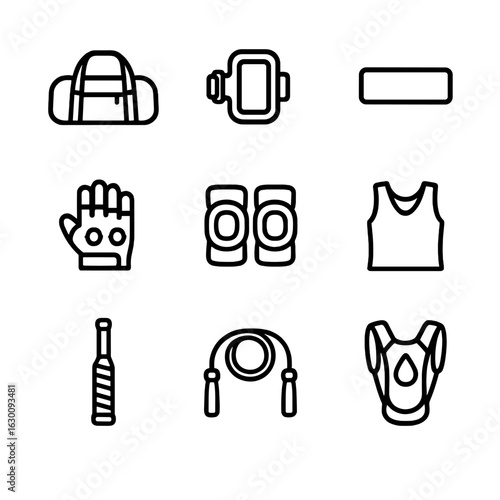 Nylon Sports Gear Icons. Outline icon set of nylon for sports gear: nylon gym bag, nylon armband, nylon sweatband, nylon cycling