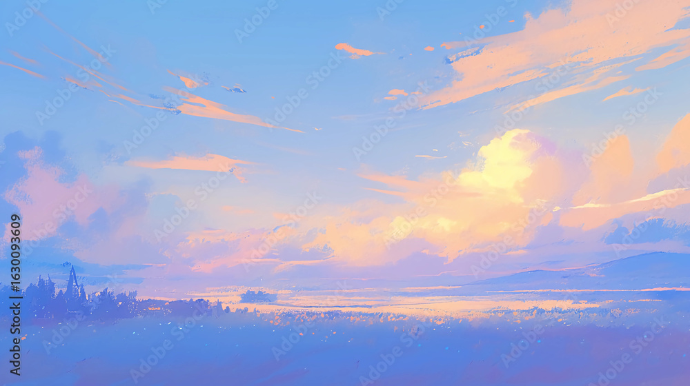Naklejka premium Serene landscape with soft clouds and light pastel sky, peaceful atmosphere