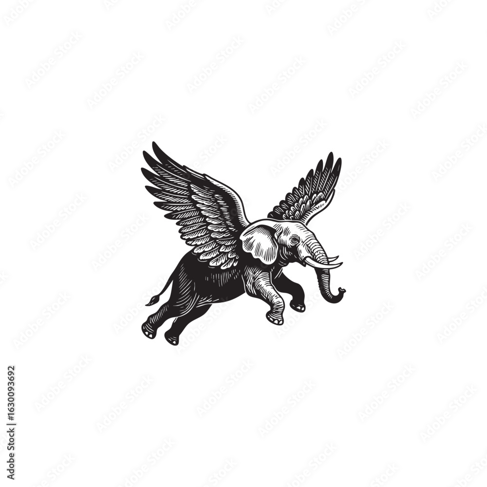 Obraz premium Vintage engraving of a flying elephant with large feathered wings