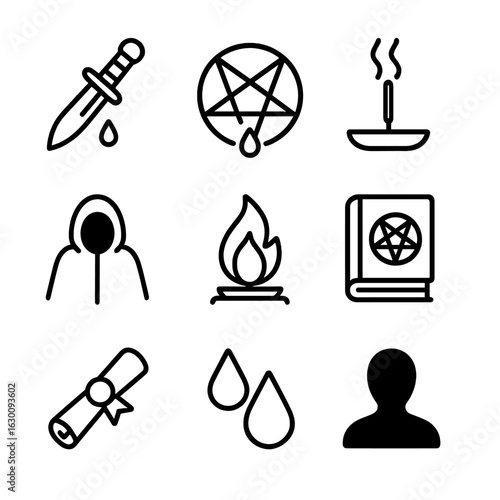 Occult Icon Set. Outline icon set of occult blood imagery: ritual knife, blood sigil, smoky incense, dark cloak, mystic flame,