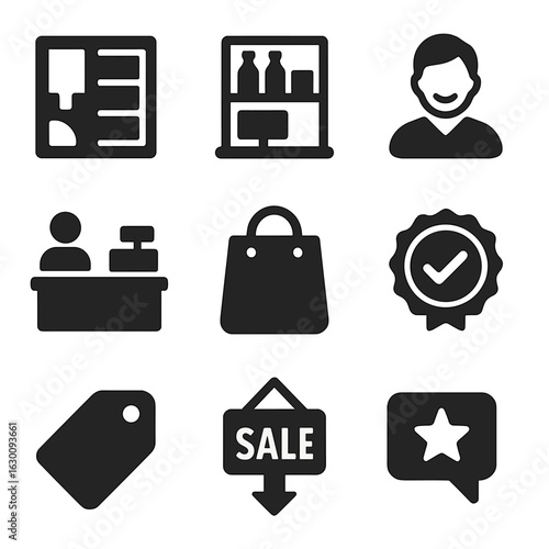 Shopping Experience Icons. Solid, filled icons set of Shopping experience factors: store layout, product