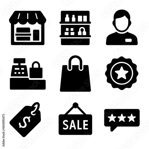 Shopping Experience Icons. Solid, filled icons set of Shopping experience factors: store layout, product