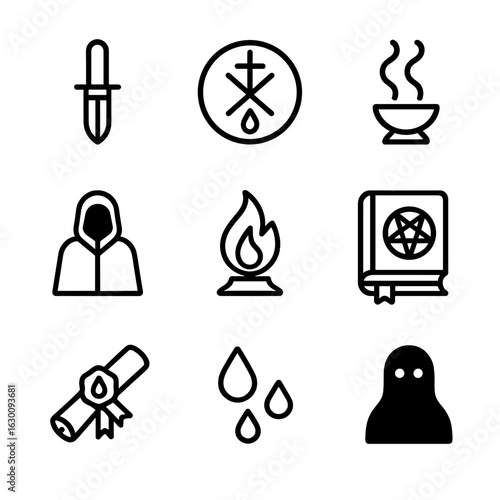 Occult Icon Set. Outline icon set of occult blood imagery: ritual knife, blood sigil, smoky incense, dark cloak, mystic flame,