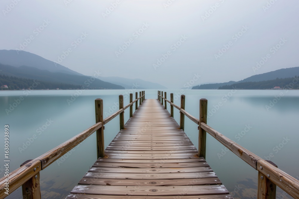Naklejka premium Misty Pier Extending Into Tranquil Lake Surrounded by Mountains