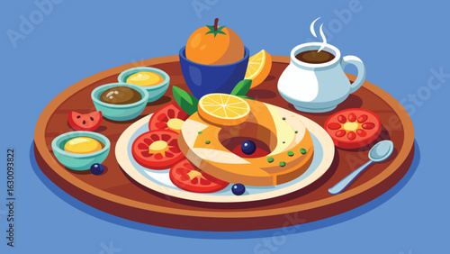 Breakfast tray with orange juice coffee and toast with tomatoes and sauces in bowls on blue background