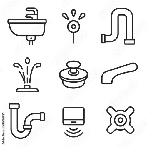 Sink Mechanism Icons. Outline icon set of Sink overflow mechanism: sink basin, overflow hole, drainage pipe,