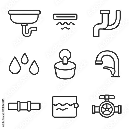 Sink Safety Icon Set. Outline icon set of Sink and overflow safety features: basin, overflow slot, drainpipe,