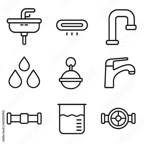 Sink Safety Icon Set. Outline icon set of Sink and overflow safety features: basin, overflow slot, drainpipe,