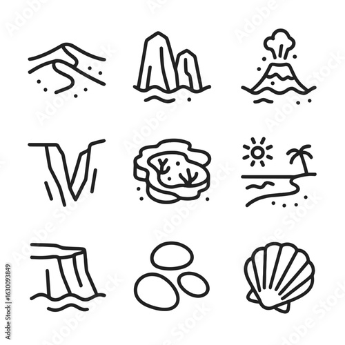 Ocean Geology Icons. Outline icon set of ocean geology: sand dune, rock formation, underwater volcano, trench, tide pool, beach,