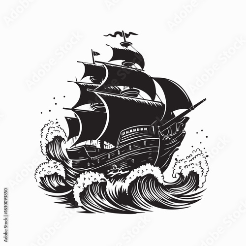 Dramatic Pirate Ship Battling Giant Ocean Waves During a Stormy Sea Voyage