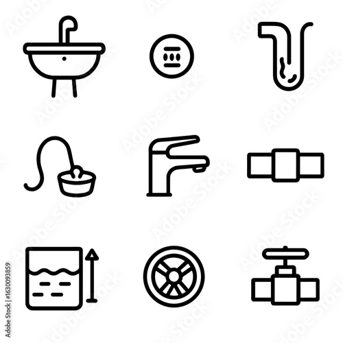 Sink System Icons. Outline icon set of Sink overflow system: sink basin, overflow hole, drain pipe, water flow